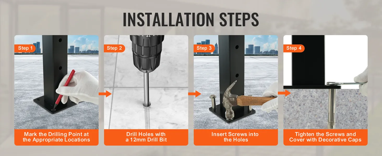 VEVOR cable railing post installation steps: mark locations, drill holes, insert screws, tighten and cap.