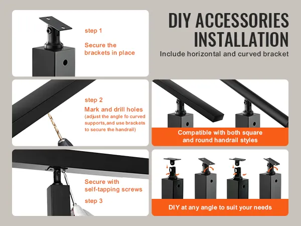 diy installation guide for VEVOR cable railing post with brackets and self-tapping screws for various angles.