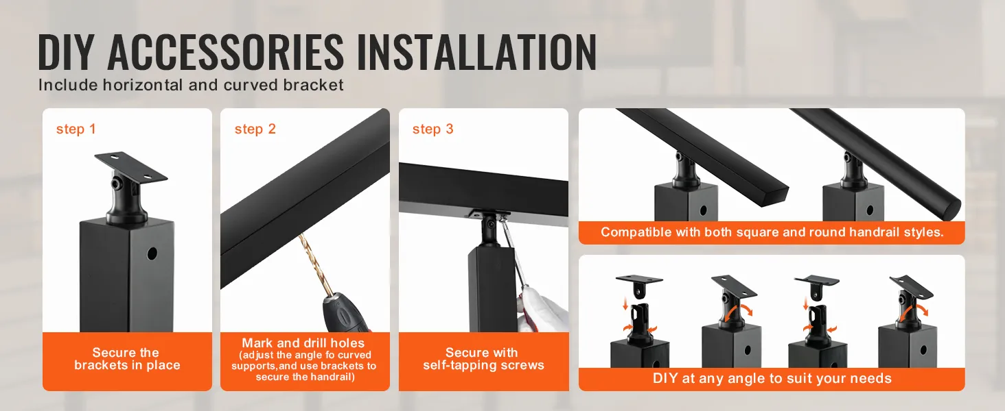 diy installation guide for VEVOR cable railing post with brackets and self-tapping screws for various angles.