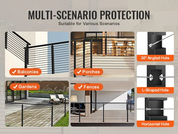 VEVOR cable railing post for balconies, porches, gardens, and fences with multiple hole options.