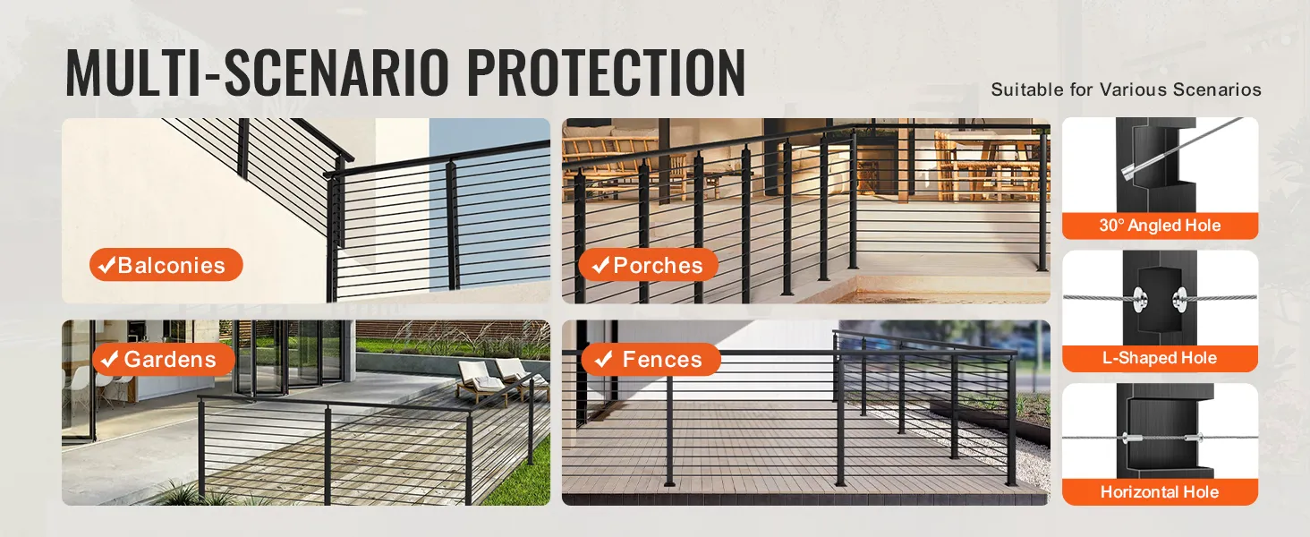 VEVOR cable railing post for balconies, porches, gardens, and fences with multiple hole options.