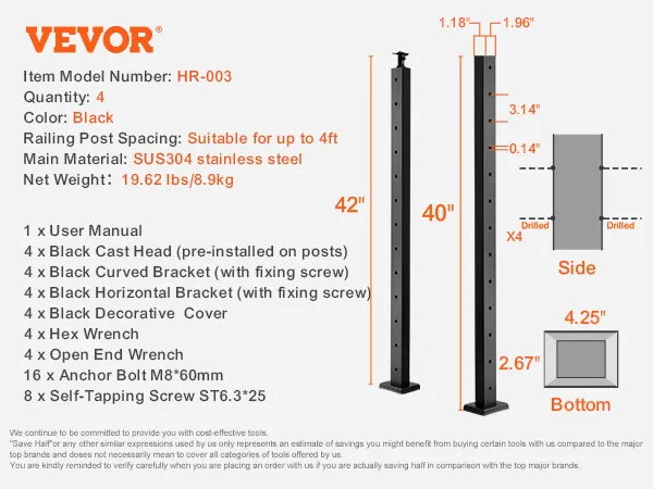 VEVOR cable railing post with 12 holes, black sus304 steel, 40-42 inches, includes bolts and brackets.