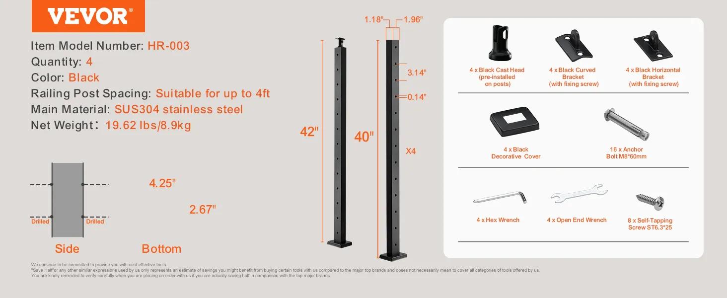 VEVOR cable railing post with 12 holes, black sus304 steel, 40-42 inches, includes bolts and brackets.