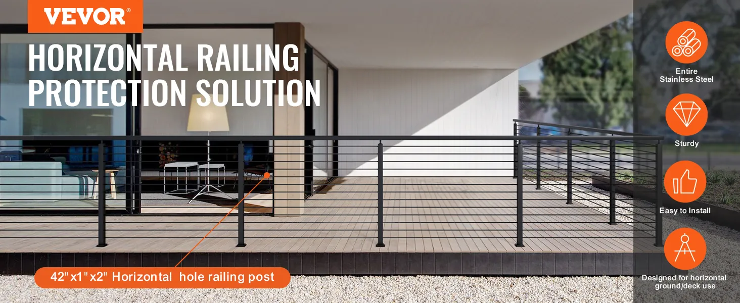VEVOR cable railing post for horizontal railing protection on a deck with stainless steel construction.