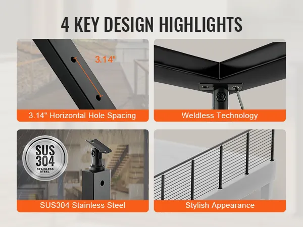 VEVOR cable railing post with sus304 stainless steel, weldless technology, stylish design, and 3.14" hole spacing.