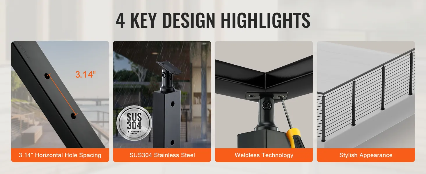VEVOR cable railing post with sus304 stainless steel, weldless technology, stylish design, and 3.14" hole spacing.