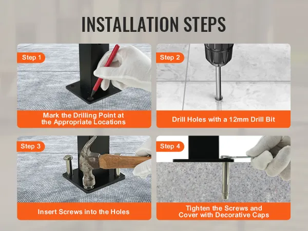 installation steps for VEVOR cable railing post: mark points, drill holes, insert screws, tighten and cover.