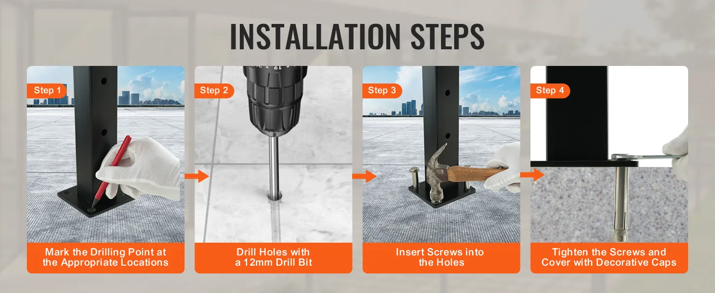 installation steps for VEVOR cable railing post: mark points, drill holes, insert screws, tighten and cover.