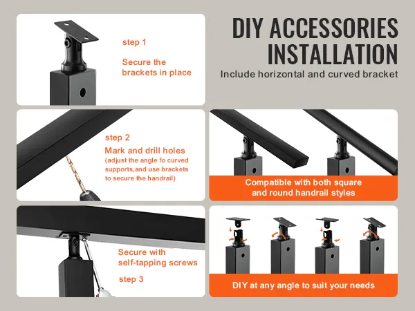 diy accessories installation for VEVOR cable railing post; secure brackets, drill holes, attach handrail.