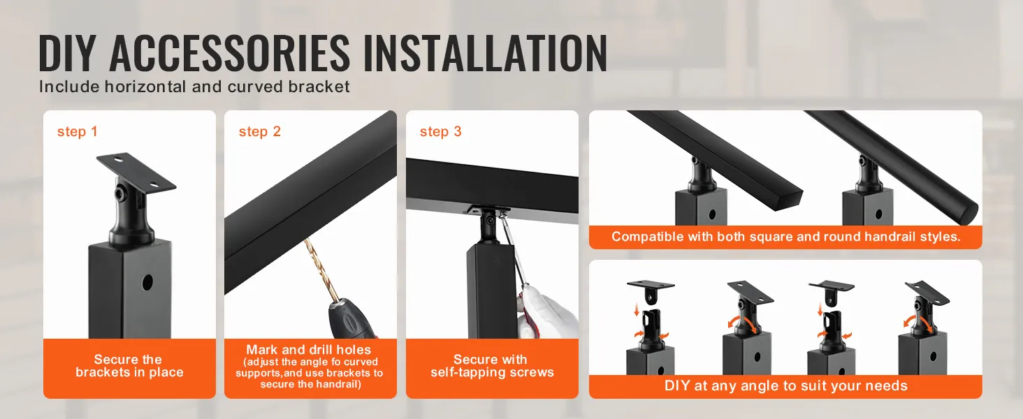 diy accessories installation for VEVOR cable railing post; secure brackets, drill holes, attach handrail.