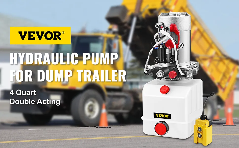 VEVOR hydraulic pump for dump trailer with 4 quart double acting capacity.