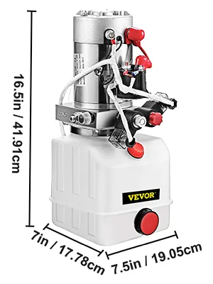 VEVOR hydraulic pump, dimensions 16.5in x 7.5in x 7in, with control switches.