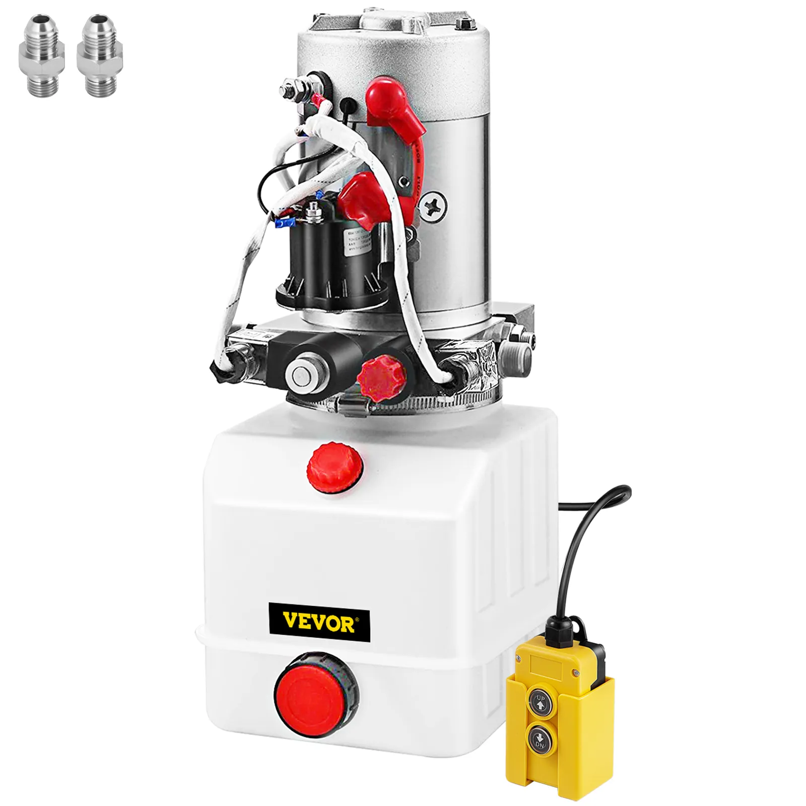 VEVOR hydraulic pump with control unit, featuring a white tank and red accents