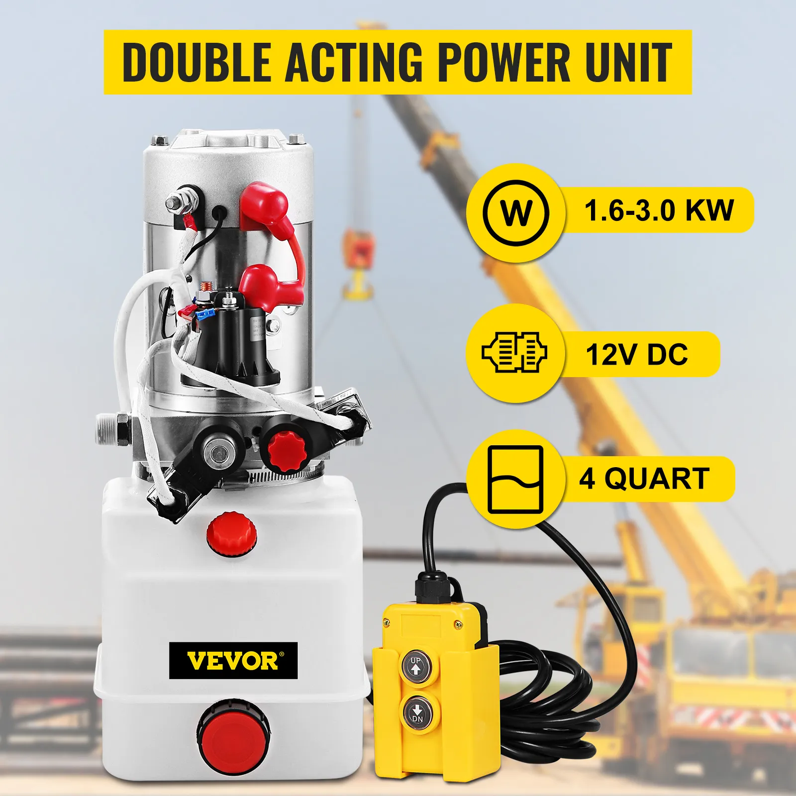 VEVOR hydraulic pump with 12v dc, 4-quart capacity, and 1.6-3.0 kw power output.