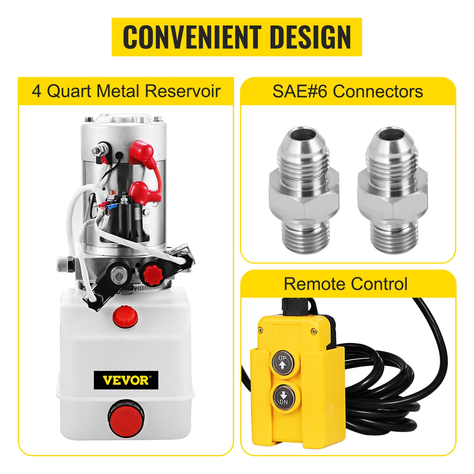 VEVOR hydraulic pump with metal reservoir, sae#6 connectors, and remote control.