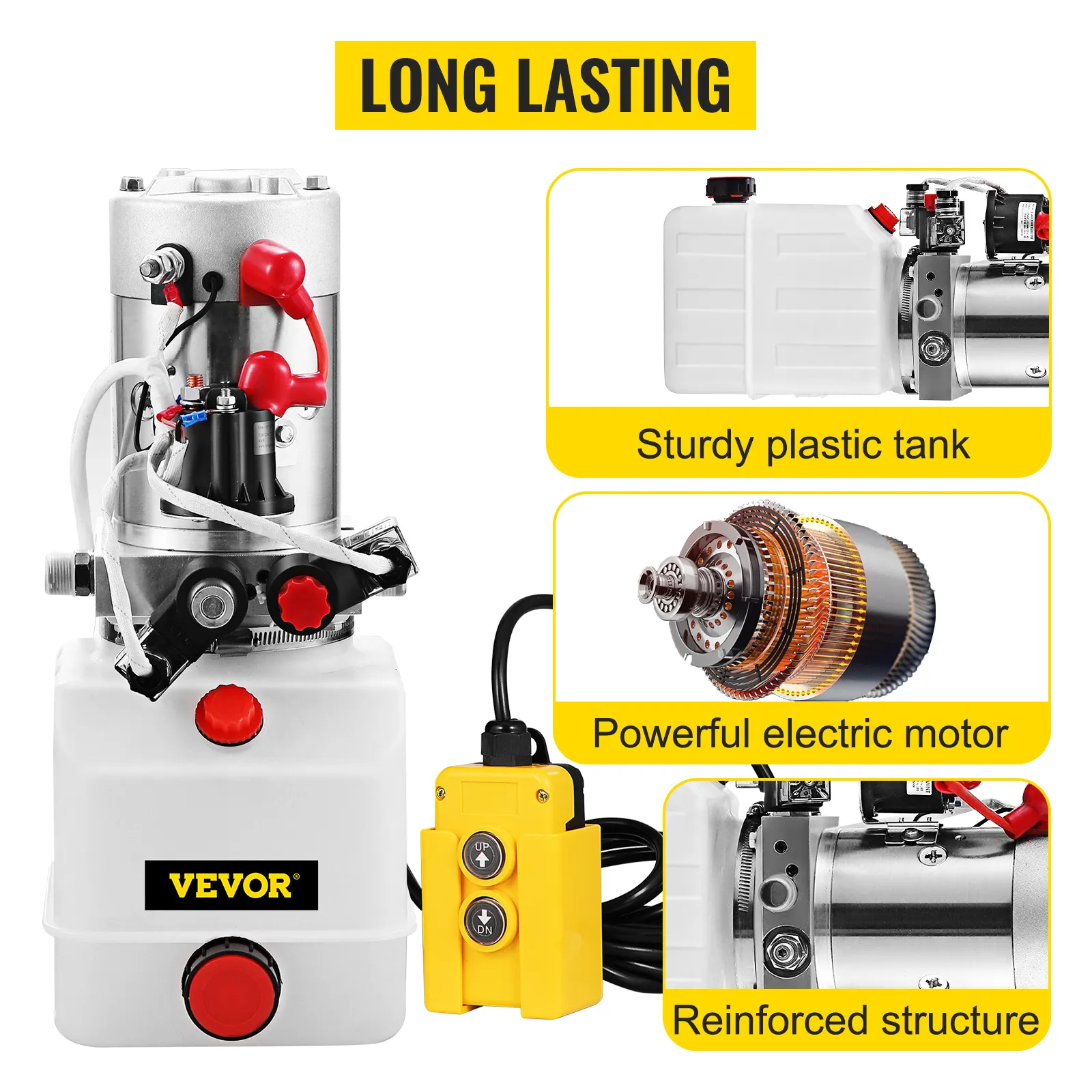 VEVOR hydraulic pump with sturdy plastic tank, electric motor, reinforced structure.