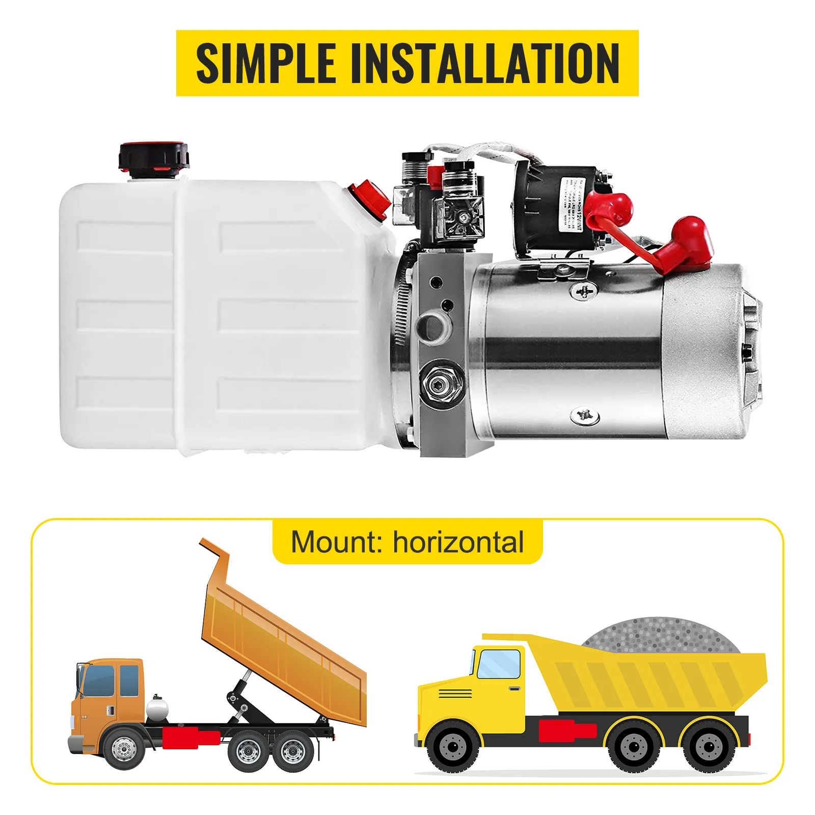 VEVOR hydraulic pump, simple installation, horizontal mount for dump trucks and mixers.
