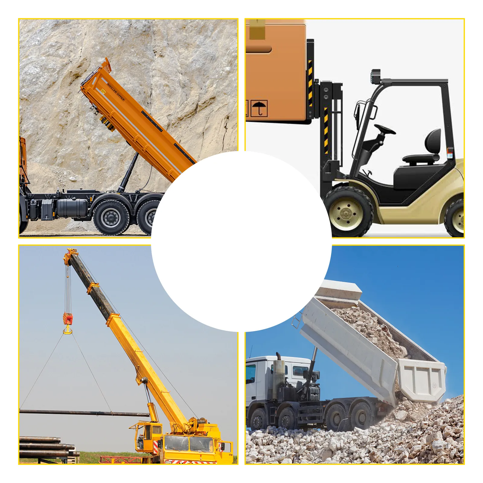 construction vehicles using VEVOR hydraulic pump: crane, forklift, and dump trucks.