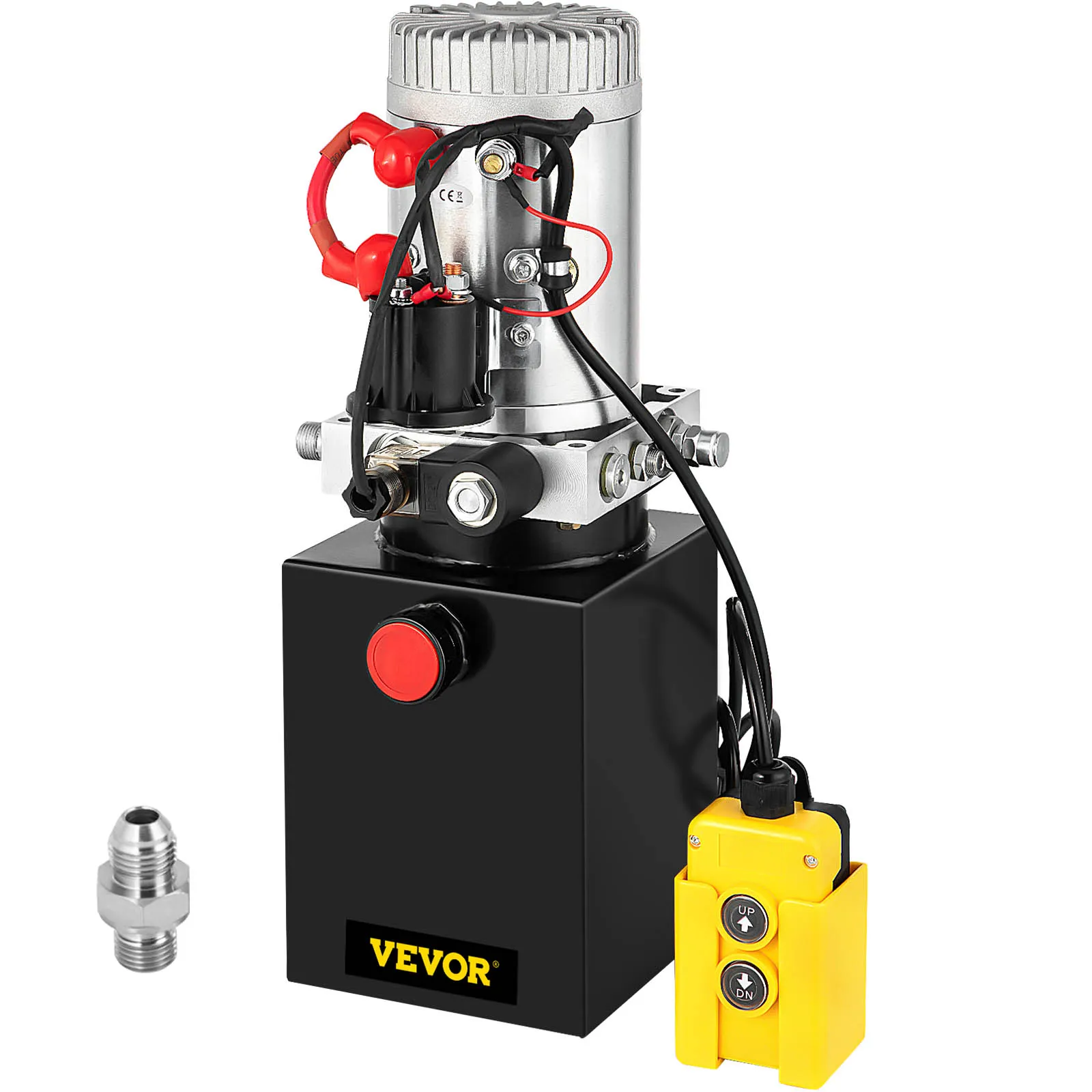 Bomba hidráulica VEVOR con controles rojos y amarillos, cables adjuntos y accesorios de metal.