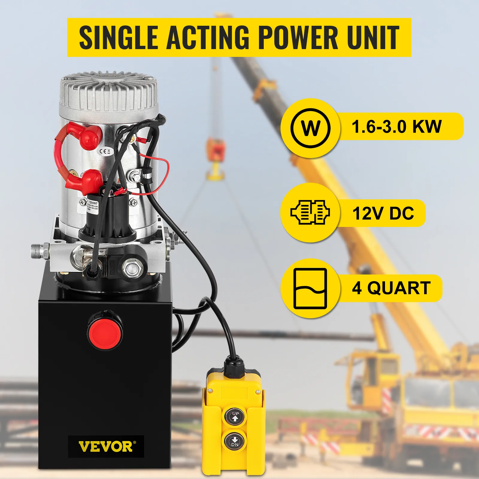 Bomba hidráulica VEVOR, unidad de potencia de simple efecto, 12 V CC, 1,6-3,0 kw, capacidad de 4 cuartos.