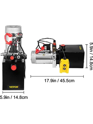 VEVOR hydraulische pomp met afmetingen 17,9 inch x 5,9 inch x 5,9 inch, zwart en zilveren behuizing.