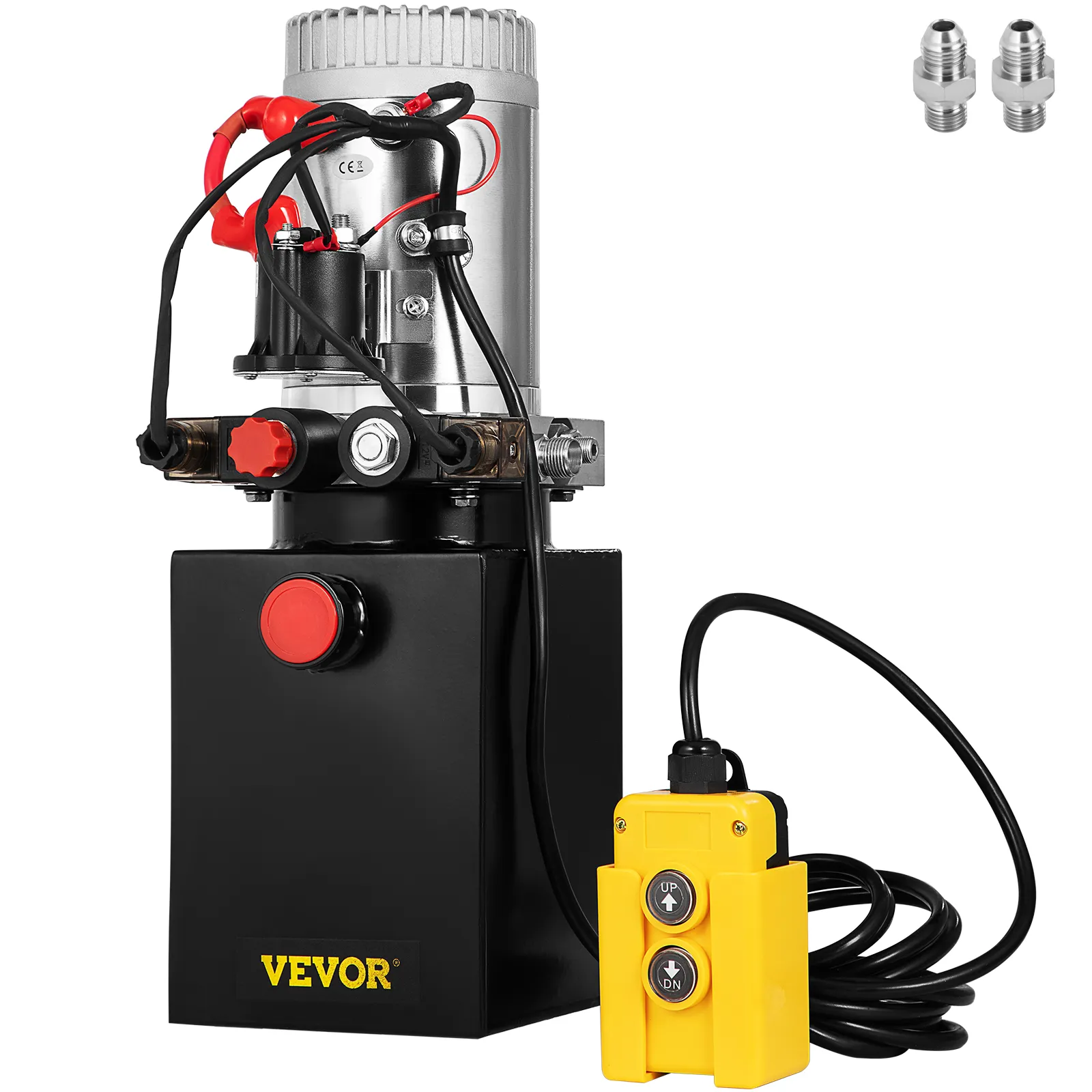 VEVOR hydraulische pomp met gele controller en accessoires.
