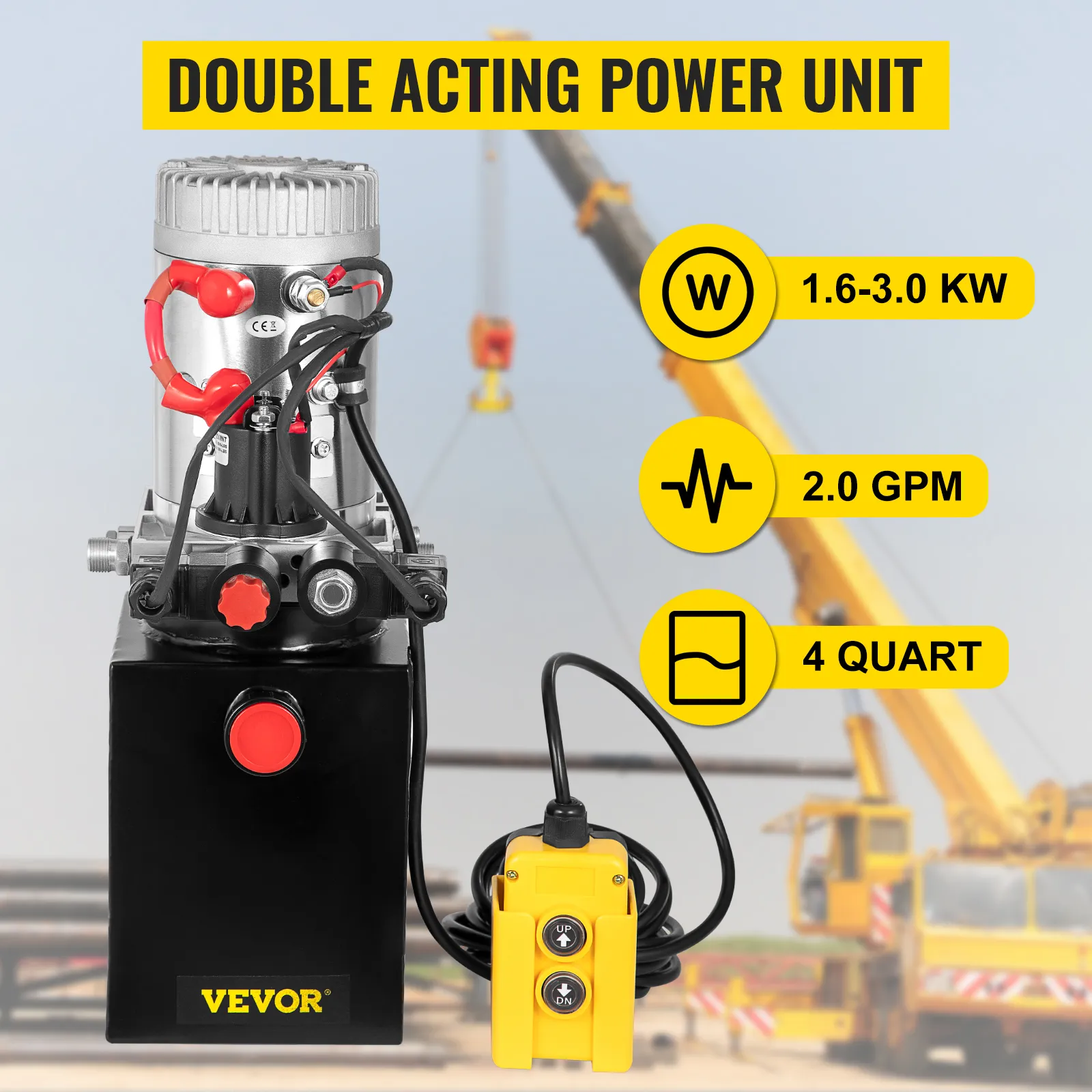 VEVOR hydraulische pomp, dubbelwerkend aggregaat, 1,6-3,0 kW, 2,0 gpm, capaciteit van 4 liter.