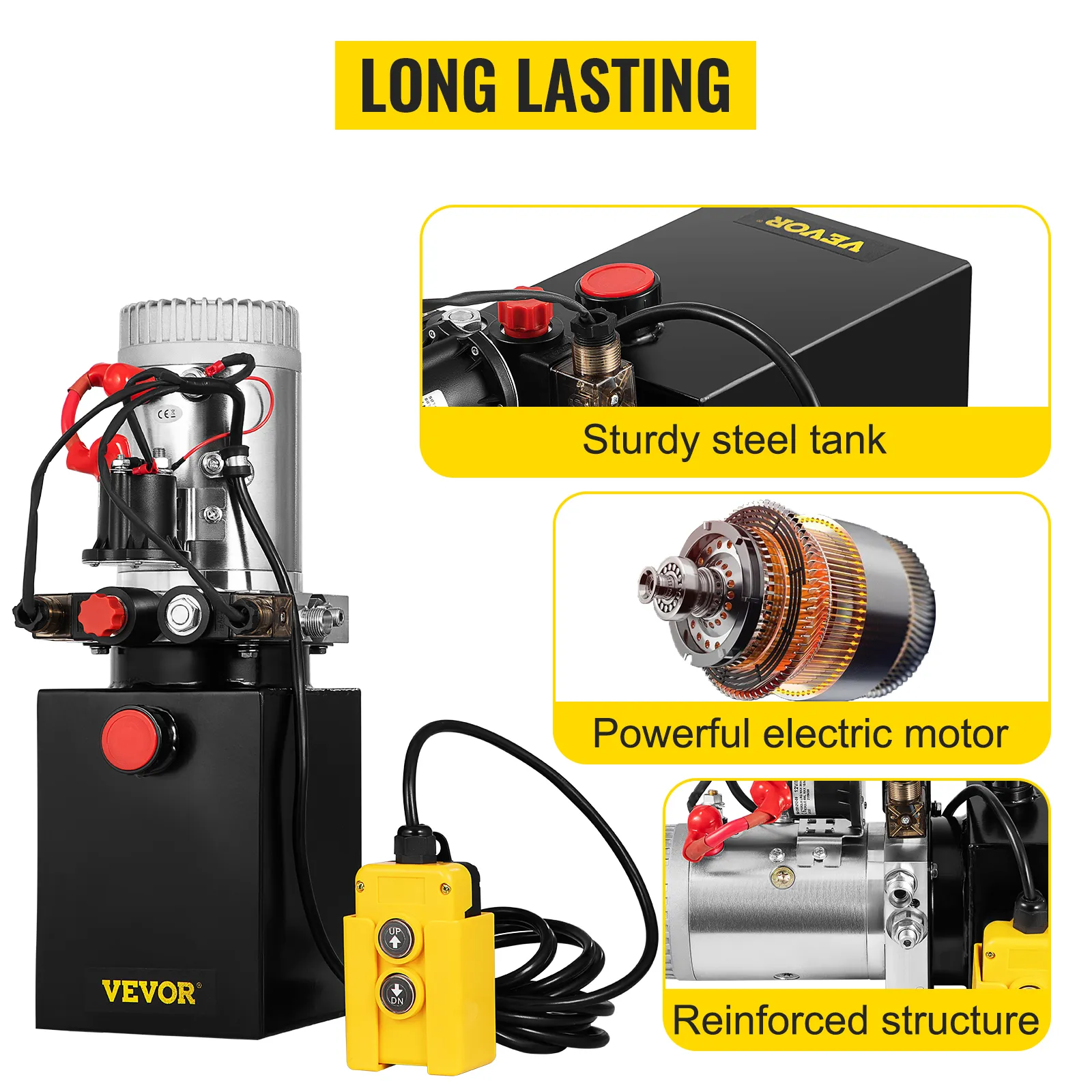 VEVOR hydraulische pomp met stevige stalen tank, krachtige elektromotor, versterkte structuur.