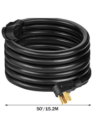 Cable de extensión para vehículos recreativos VEVOR de 40 amperios, 50 pies de largo, color negro, con enchufe y toma de corriente.