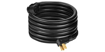 Cable de extensión para RV VEVOR de 40 amperios enrollado para almacenamiento, negro con conectores dorados.