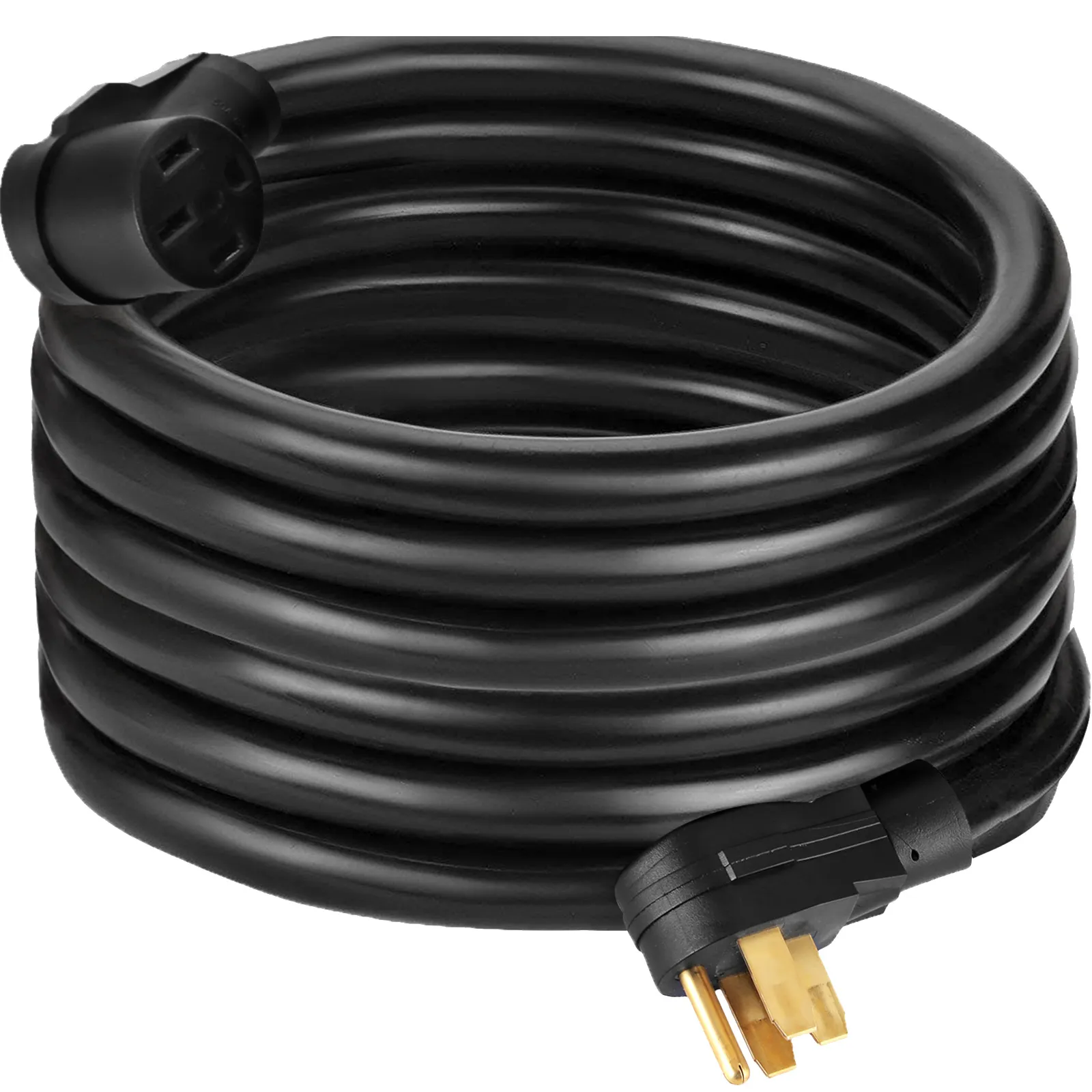 Cable de extensión para vehículos recreativos VEVOR de 40 amperios en espiral, de color negro, con clavijas amarillas visibles.