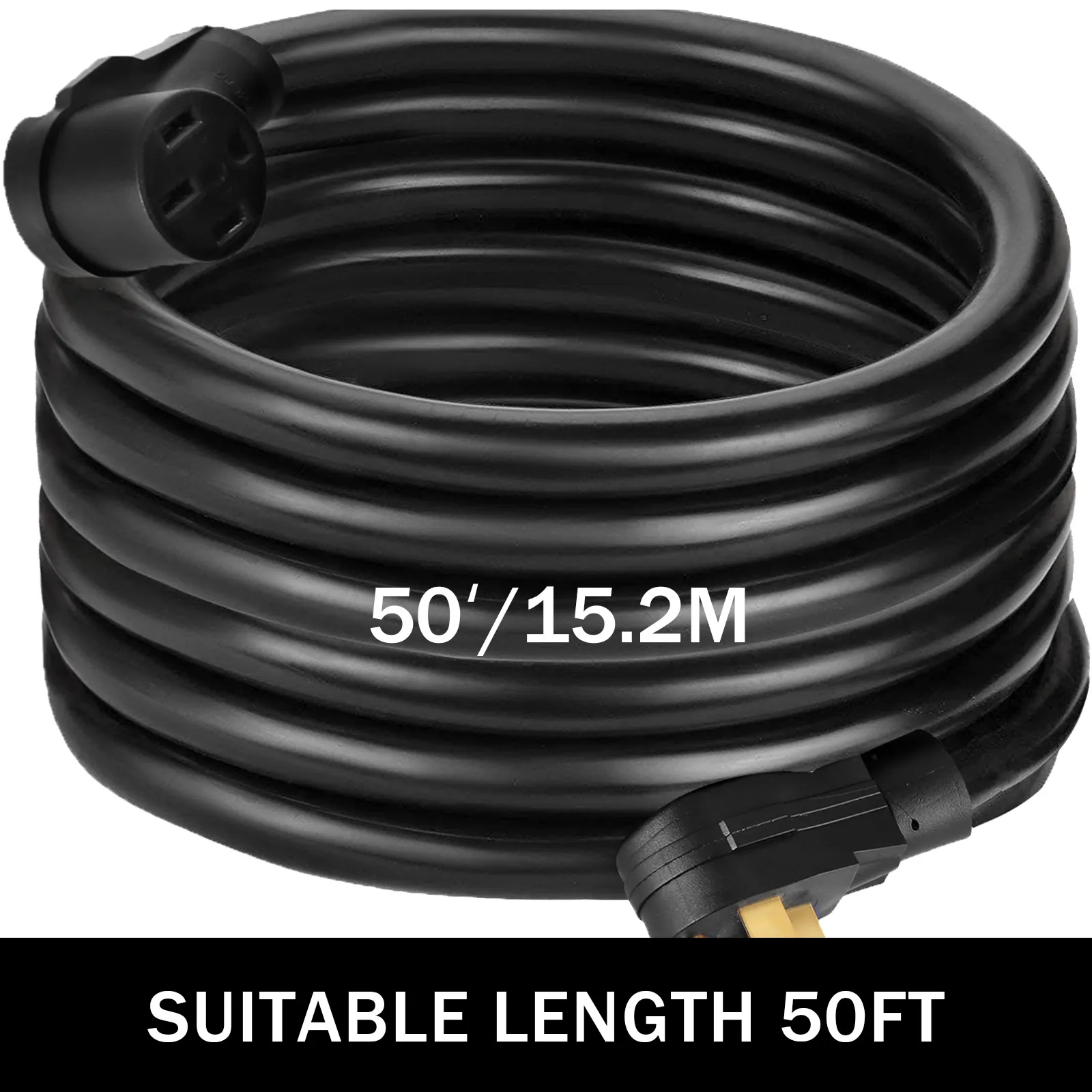 Cable de extensión para vehículos recreativos VEVOR de 40 amperios, 50 pies de largo, enrollado y listo para usar.