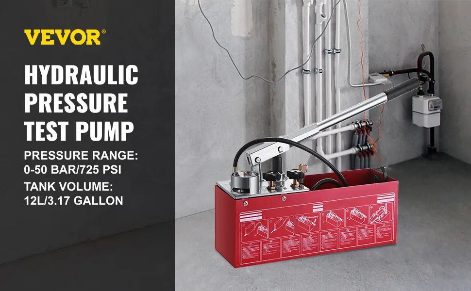 VEVOR hydraulic pressure test pump with 50 bar pressure, 12l tank, and detailed instructions.