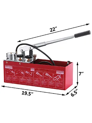 VEVOR hydraulic pressure test pump, 22-inch handle, red, with dimensions labeled.