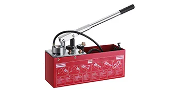 red VEVOR hydraulic pressure test pump with a long handle and labeled instructions box