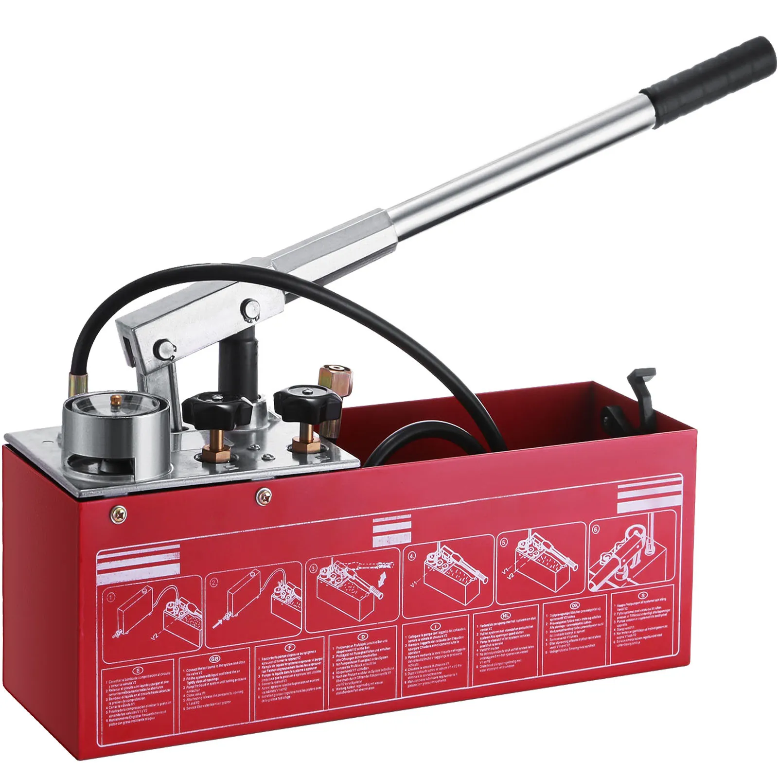 red VEVOR hydraulic pressure test pump with a long handle and instruction panel.