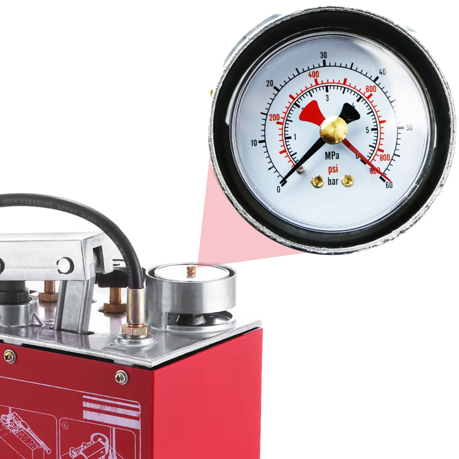 VEVOR hydraulic pressure test pump with gauge and red body.
