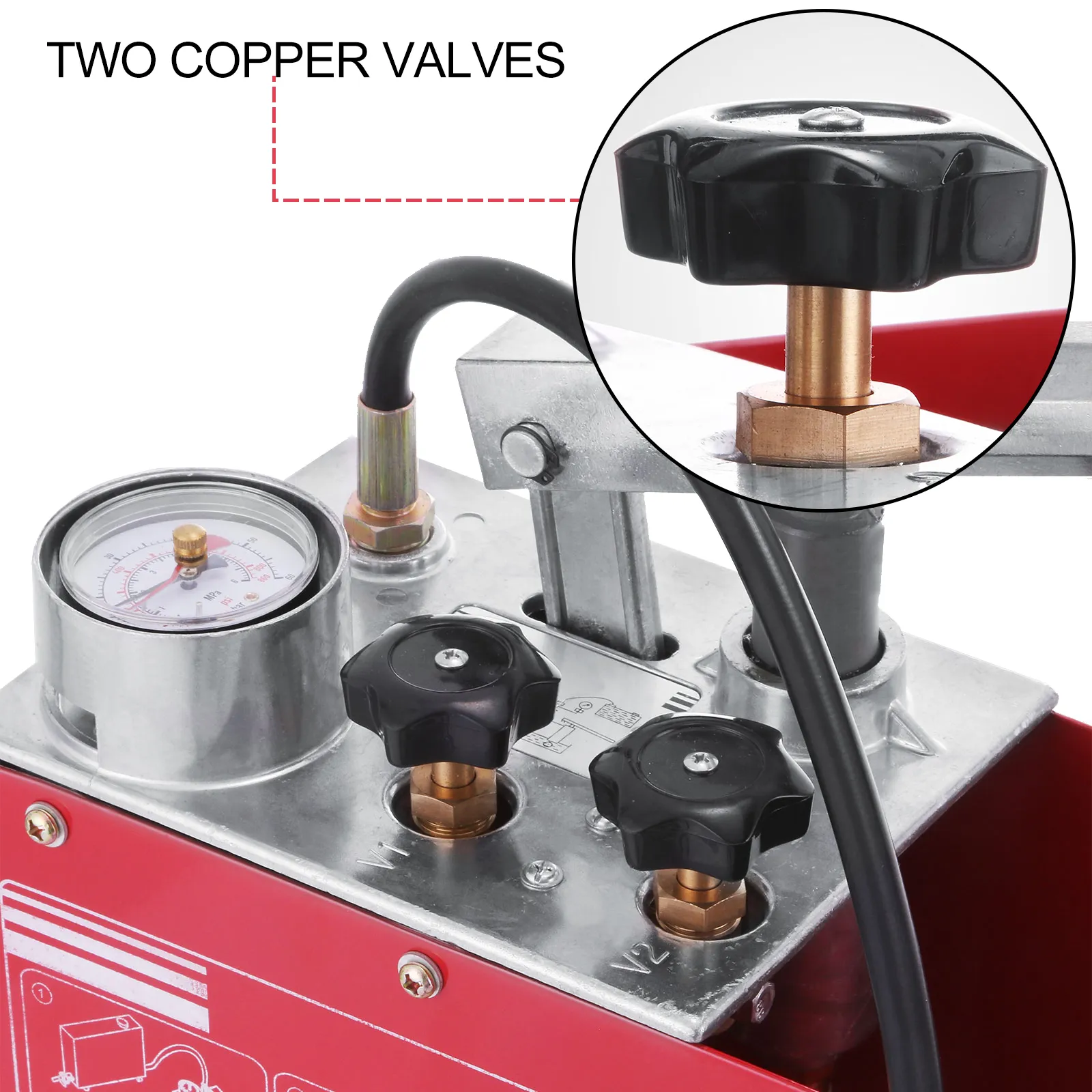 VEVOR hydraulic pressure test pump with gauge and two copper valves in close-up.