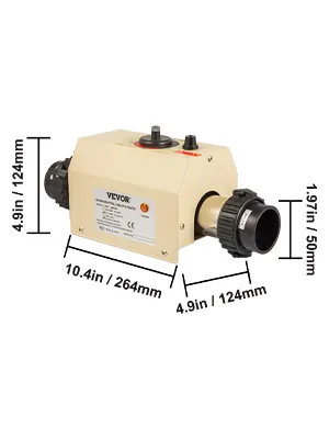 Calentador de agua eléctrico VEVOR con dimensiones etiquetadas para una fácil referencia.