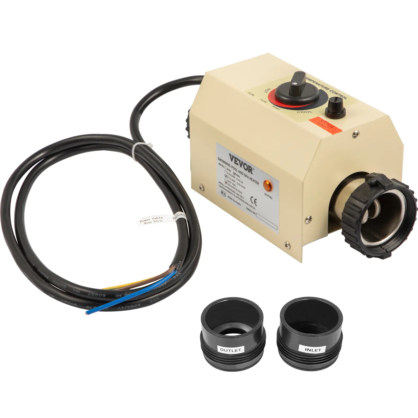 Calentador de agua eléctrico VEVOR con cable de alimentación y adaptadores de entrada y salida etiquetados.