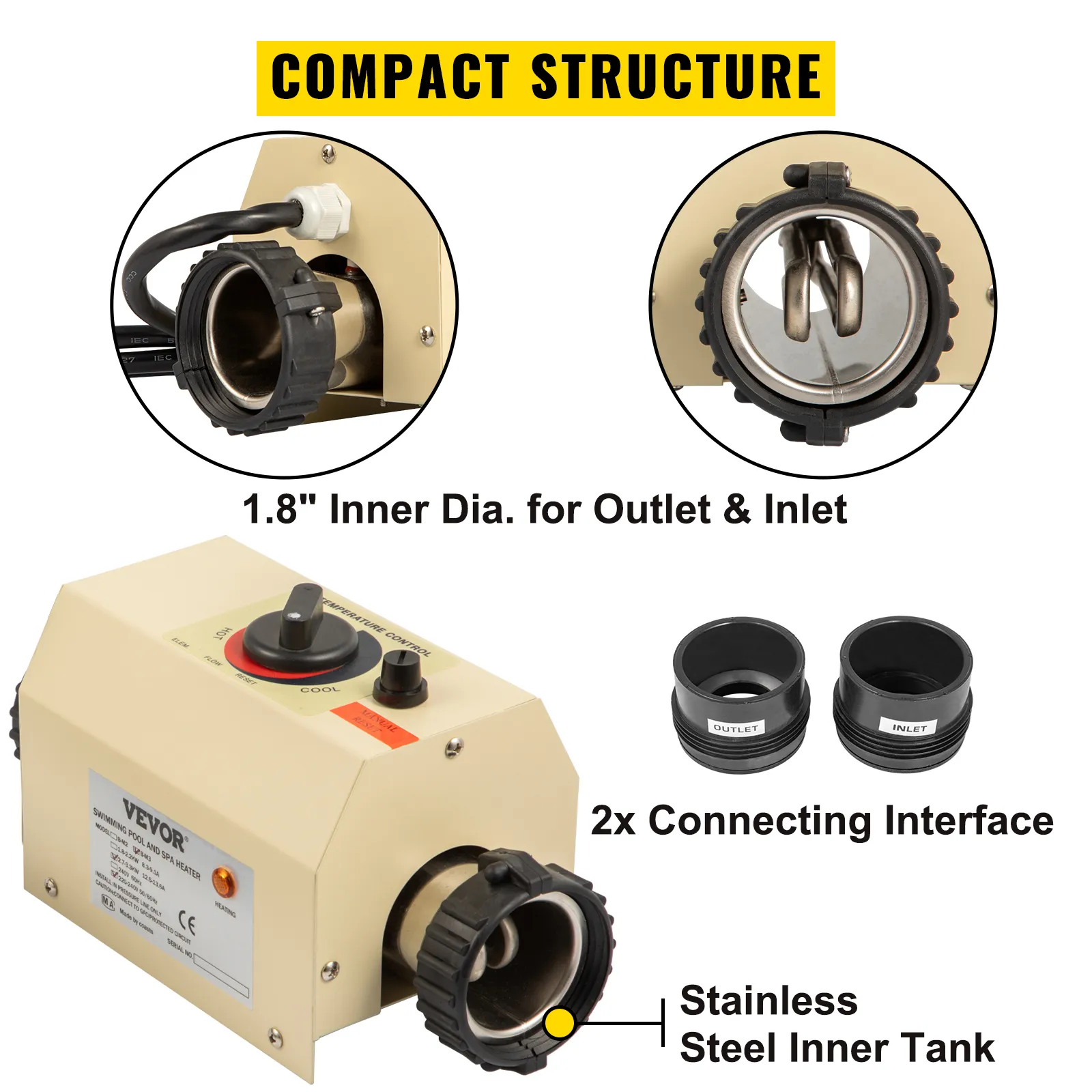 Estructura compacta de calentador de agua eléctrico VEVOR con tanque interior de acero inoxidable.