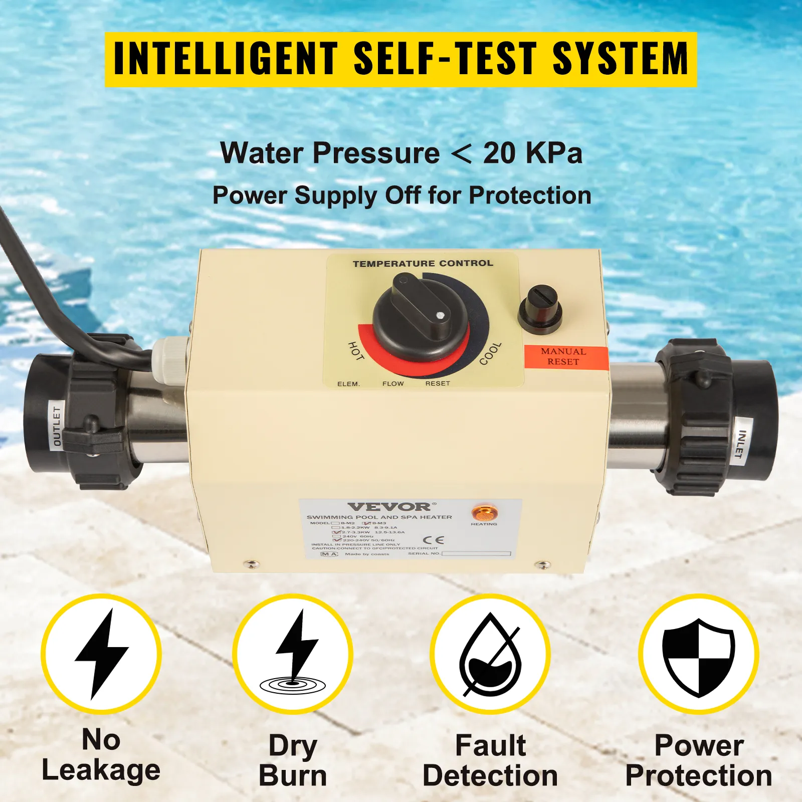 Calentador de agua eléctrico VEVOR con sistema de autoprueba inteligente para piscinas y spas.