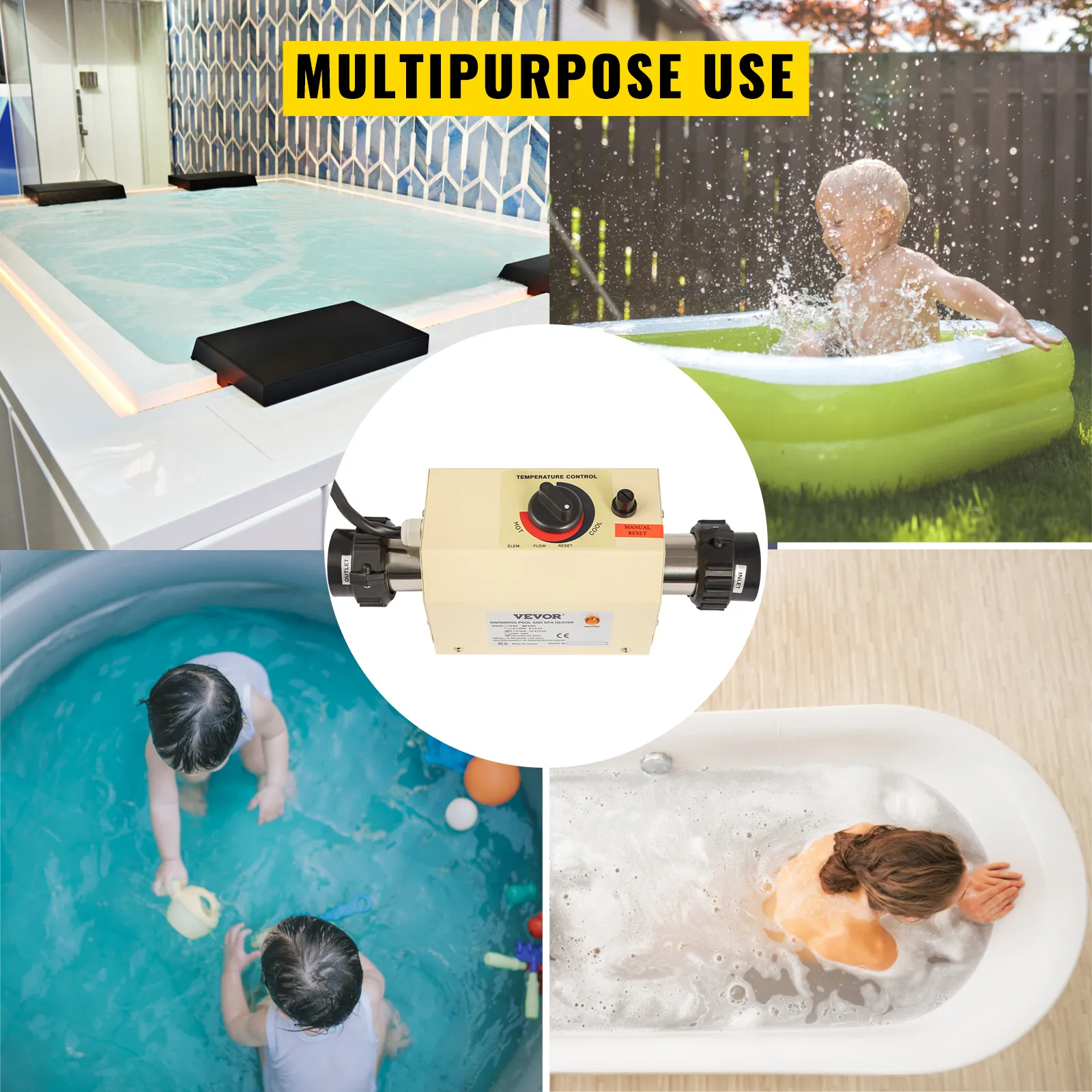 Calentador de agua eléctrico VEVOR para jacuzzis, piscinas inflables, bañeras y piscinas infantiles.