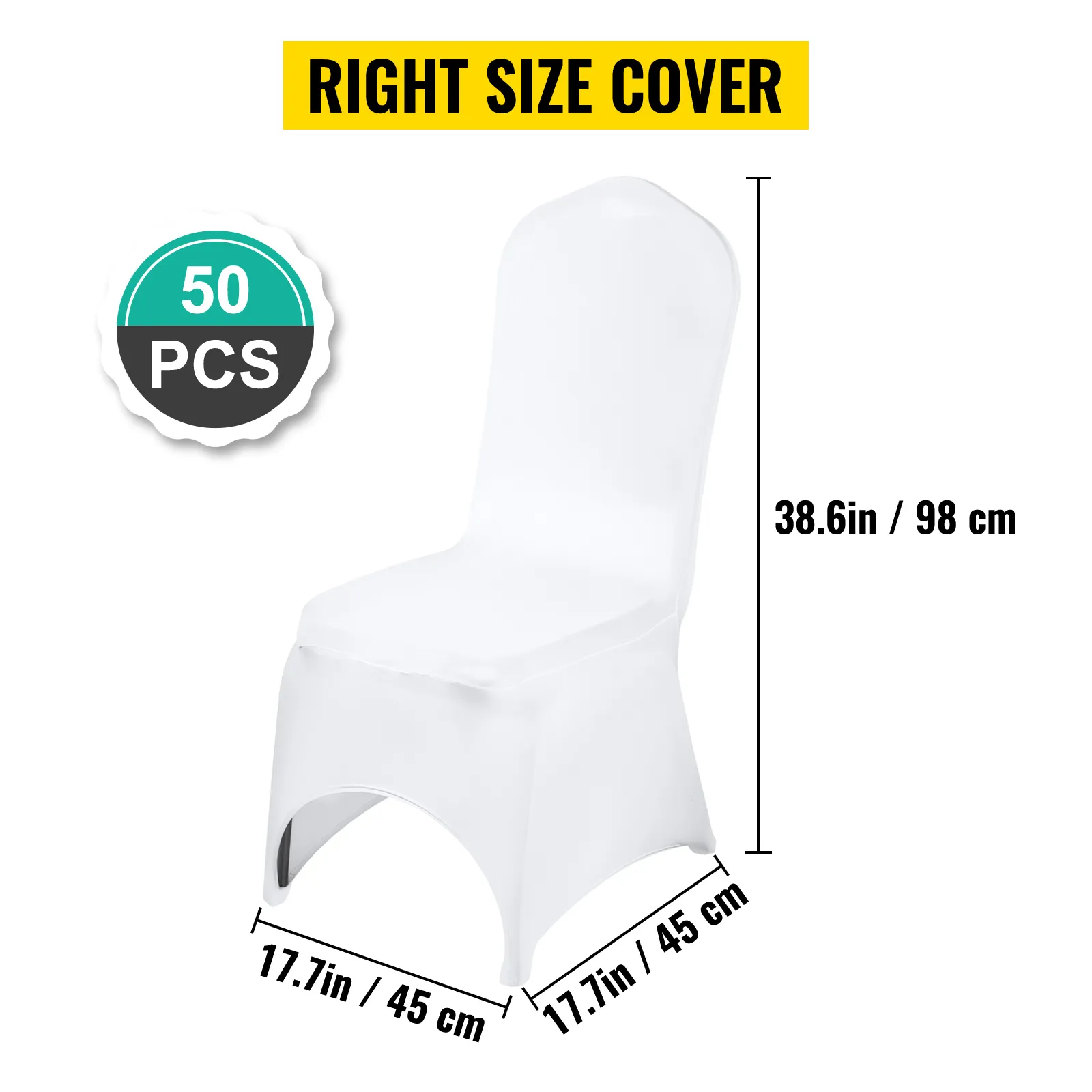 Coprisedie VEVOR, 50 pezzi, adatte per sedie alte 98 cm e larghe 45 cm, in resistente materiale bianco.