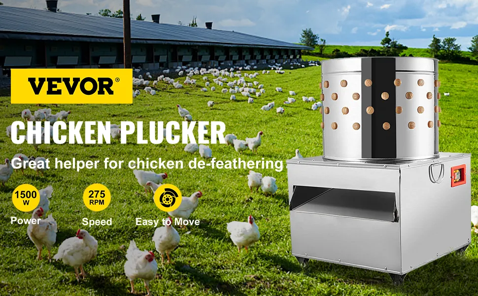 VEVOR chicken plucker in a field with chickens, promoting easy de-feathering.
