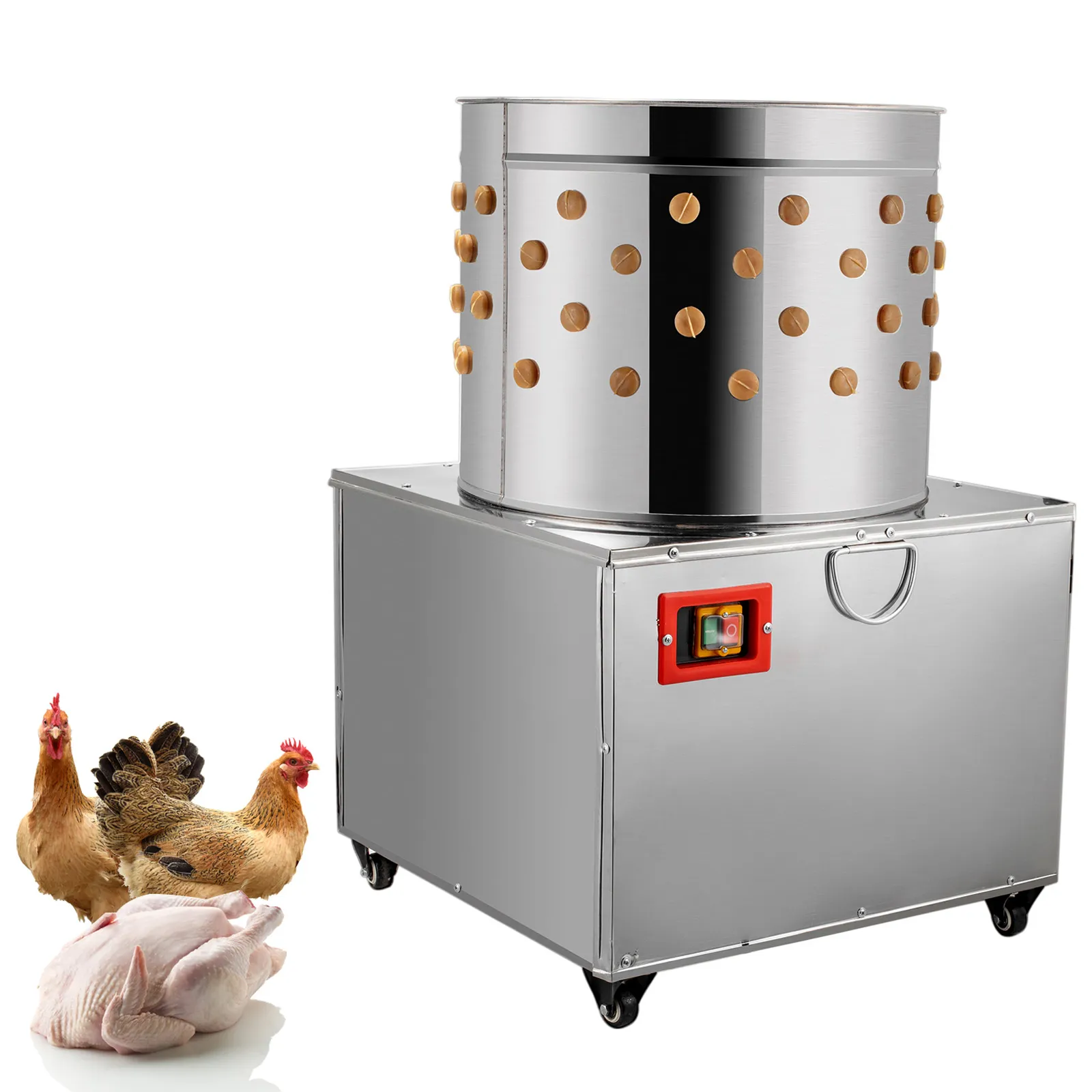 stainless steel VEVOR chicken plucker with a cylindrical drum and yellow logo.