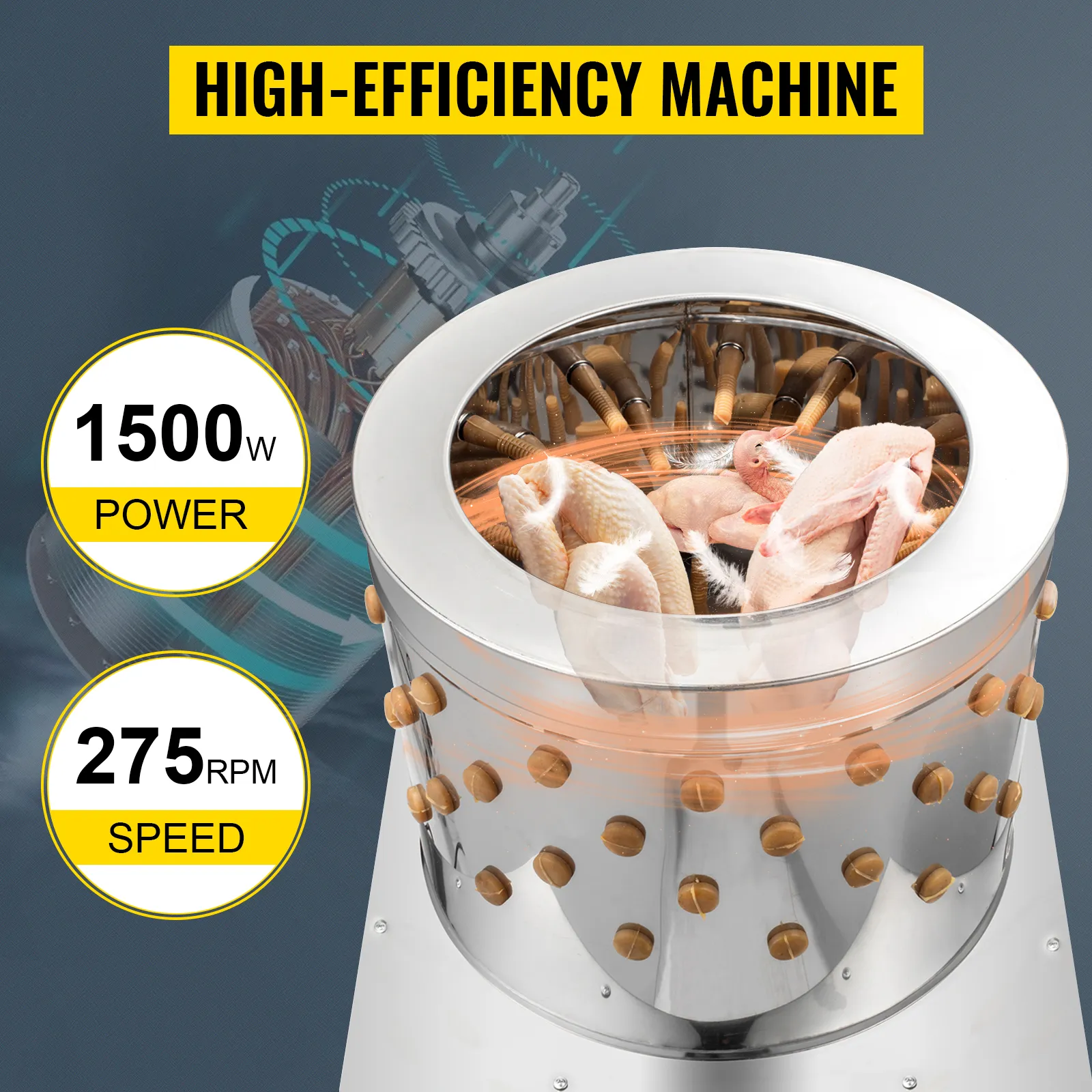 VEVOR chicken plucker 1500w power, 275 rpm speed, efficient poultry processing.