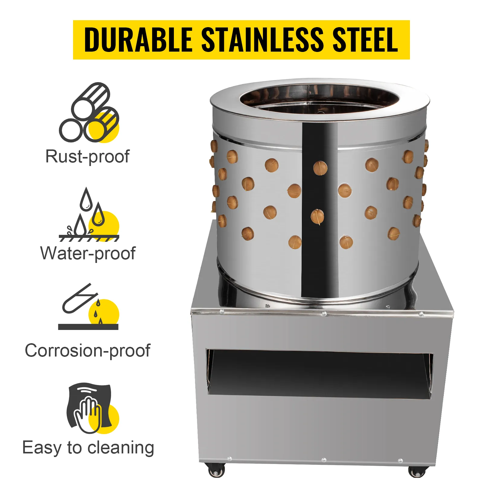 VEVOR chicken plucker in durable stainless steel; rust, water, corrosion-proof, easy to clean.