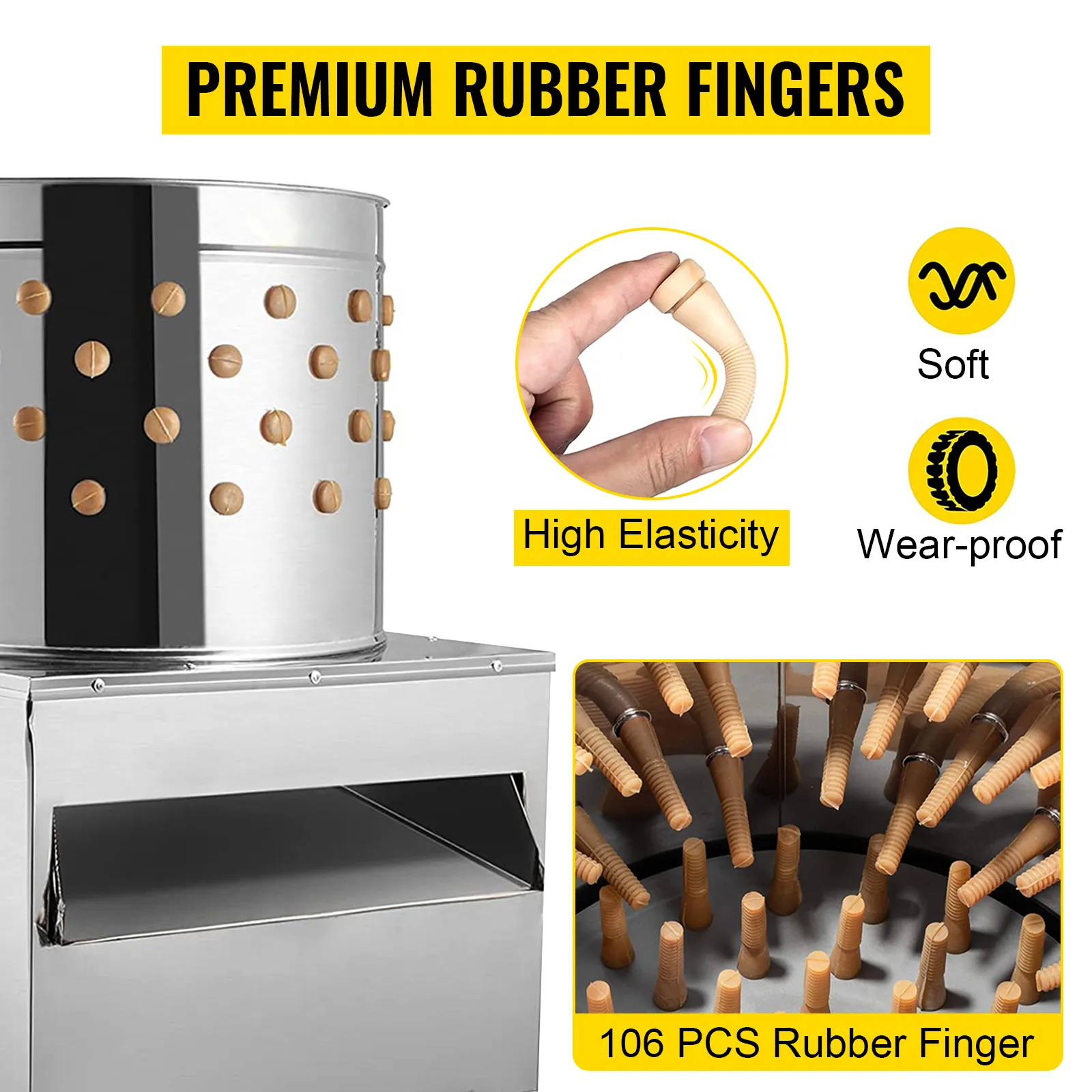 VEVOR chicken plucker with 106 premium rubber fingers, high elasticity, and wear-proof design.