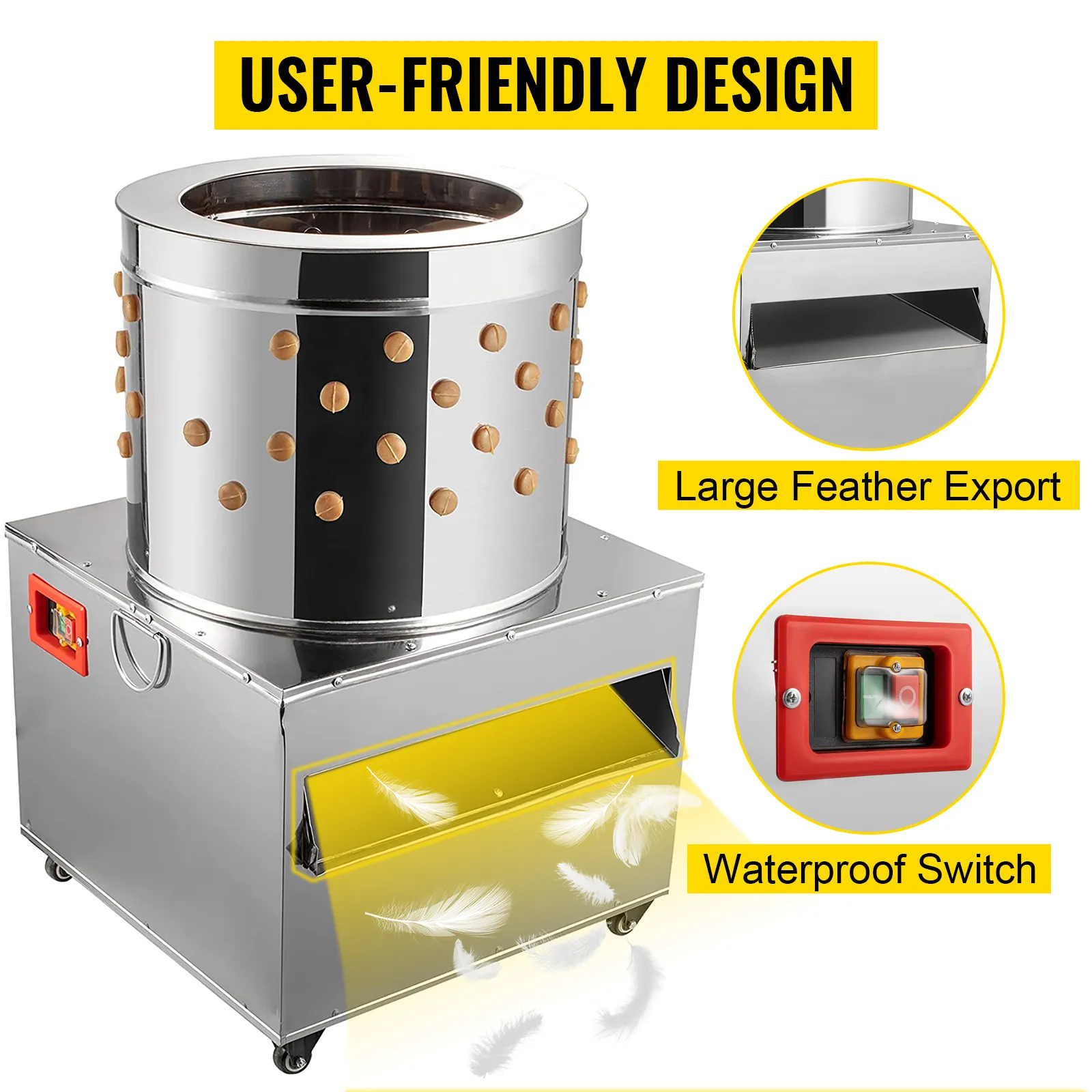 VEVOR chicken plucker with large feather export and waterproof switch, user-friendly design.